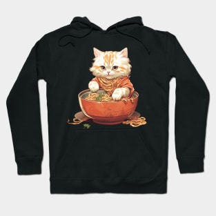 Cat Noodle Delight T-Shirt: Orange & White Cartoon Kitty Eating Animated Noodles Hoodie